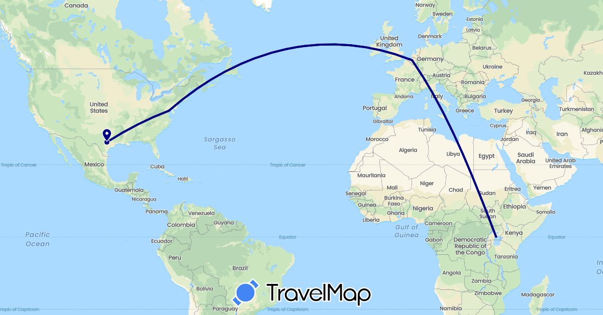TravelMap itinerary: driving in Belgium, Uganda, United States (Africa, Europe, North America)